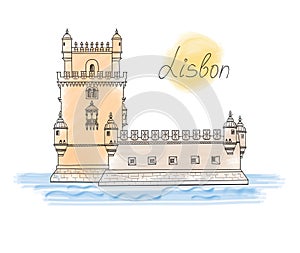 Lisbon Tower landmark. Visit Portugal card. Travel sign
