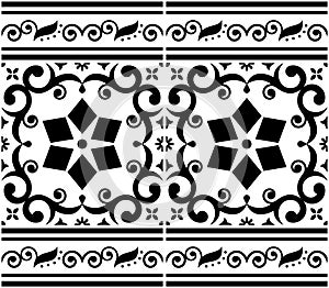 Portuguese Azulejo tile seamless vector pattern in black and white,