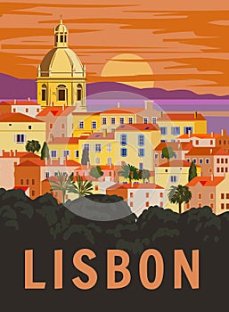 Lisbon VintageTravel Poster. Portugal cityscape landmark, sea, sunset sky. Vector illustration photo