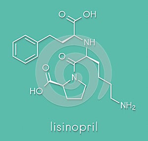 Lisinopril hypertension or high blood pressure drug ACE inhibitor molecule. Skeletal formula. photo