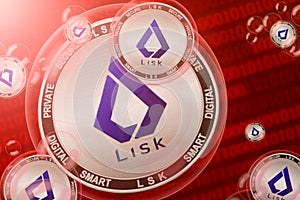 Lisk crash, bubble. Lisk LSK cryptocurrency coins in a bubbles on the binary code background