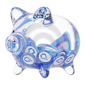 Lisk (LSK) Clear Glass piggy bank with decreasing piles of crypto coins.