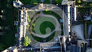 Lismore Castle, top view. The roof of the castle with large towers in 4k