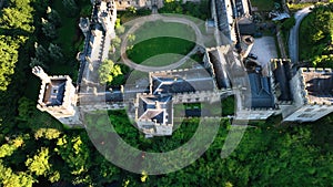 Lismore Castle, top view. The roof of the castle with large towers in 4k