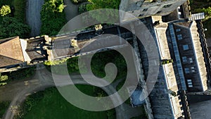 Lismore Castle, top view. The roof of the castle with large towers in 4k