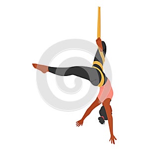 Lissome Woman Character Suspended Upside Down In Silk Hammock, Practicing Aerial Yoga With Fluidity Vector Illustration photo