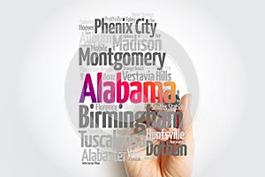 List of cities in Alabama USA state, map silhouette word cloud map concept