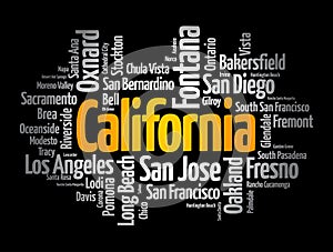 List of cities in California USA state, word cloud concept background