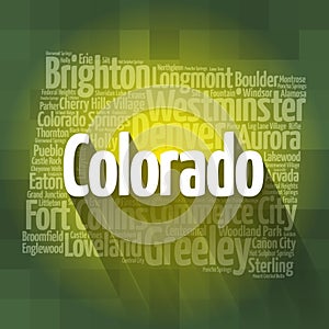 List of cities in Colorado USA state, map silhouette word cloud map concept photo