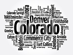 List of cities in Colorado USA state, word cloud concept background photo