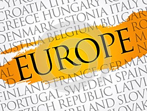 List of cities in Europe word cloud collage, travel concept background