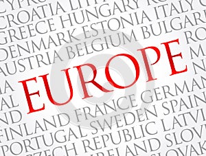 List of cities in Europe word cloud collage, travel concept background