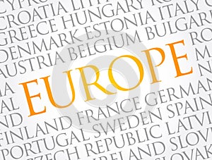 List of cities in Europe word cloud collage, travel concept background