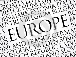 List of cities in Europe word cloud collage, travel concept background