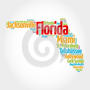 List of cities in Florida USA state, map silhouette word cloud map concept