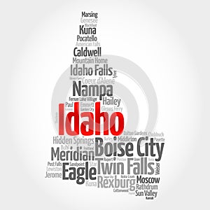 List of cities in Idaho USA state, map silhouette word cloud, map concept background
