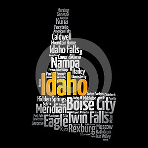 List of cities in Idaho USA state, map silhouette word cloud, map concept background