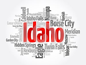 List of cities in Idaho USA state, word cloud concept background