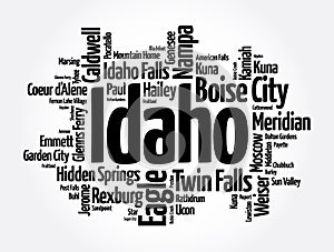 List of cities in Idaho USA state, word cloud concept background