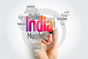 List of cities in India, map silhouette word cloud, business and travel concept background