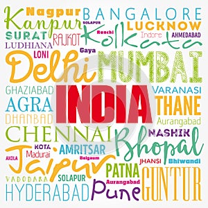 List of cities in India word cloud collage, business and travel concept background