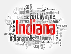 List of cities in Indiana - the U.S. state located in the Midwestern and Great Lakes regions of North America, word cloud concept photo
