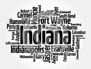 List of cities in Indiana - the U.S. state located in the Midwestern and Great Lakes regions of North America, word cloud concept photo