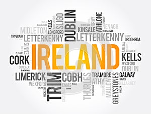 List of cities in Ireland word cloud collage concept