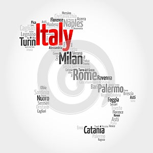 List of cities in Italy, map silhouette word cloud, travel concept background