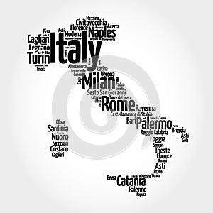 List of cities in Italy, map silhouette word cloud, travel concept background