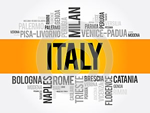 List of cities in Italy, word cloud collage, travel concept background