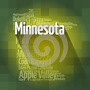 List of cities in Minnesota USA state, map silhouette word cloud map concept