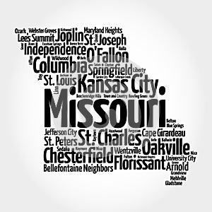 List of cities in Missouri USA state, map silhouette word cloud, map concept background