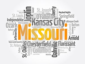 List of cities in Missouri USA state, word cloud concept background