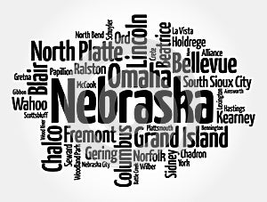 List of cities in Nebraska state - is a state located in the Midwestern region of the United States, word cloud concept background