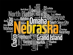 List of cities in Nebraska state - is a state located in the Midwestern region of the United States, word cloud concept background