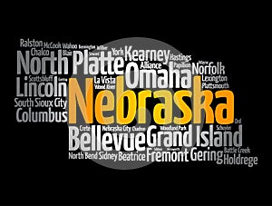 List of cities in Nebraska USA state, map silhouette word cloud map concept background