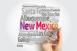 List of cities in New Mexico USA state, map silhouette word cloud, map concept background