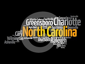 List of cities in North Carolina USA state, map silhouette word cloud map concept background