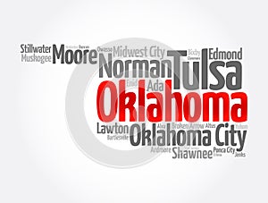 List of cities in Oklahoma USA state, map silhouette word cloud map concept background