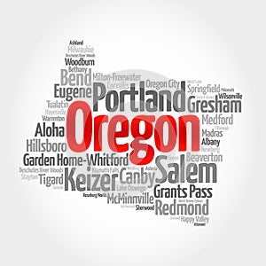 List of cities in Oregon USA state, map silhouette word cloud, map concept background