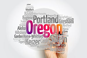 List of cities in Oregon USA state, map silhouette word cloud, map concept background