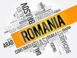 List of cities in Romania word cloud collage, business and travel concept background