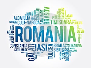 List of cities in Romania word cloud collage, business and travel concept background