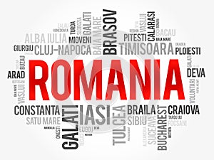 List of cities in Romania word cloud collage, business and travel concept background