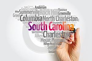 List of cities in South Carolina USA state, map silhouette word cloud, map concept background