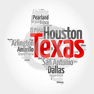 List of cities in Texas USA state, map silhouette word cloud map concept