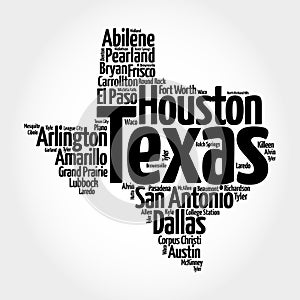 List of cities in Texas USA state, map silhouette word cloud map concept