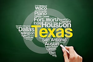 List of cities in Texas USA state word cloud map, concept background