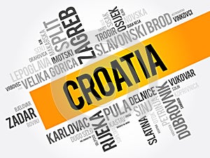 List of cities and towns in Croatia, word cloud collage, business and travel concept background